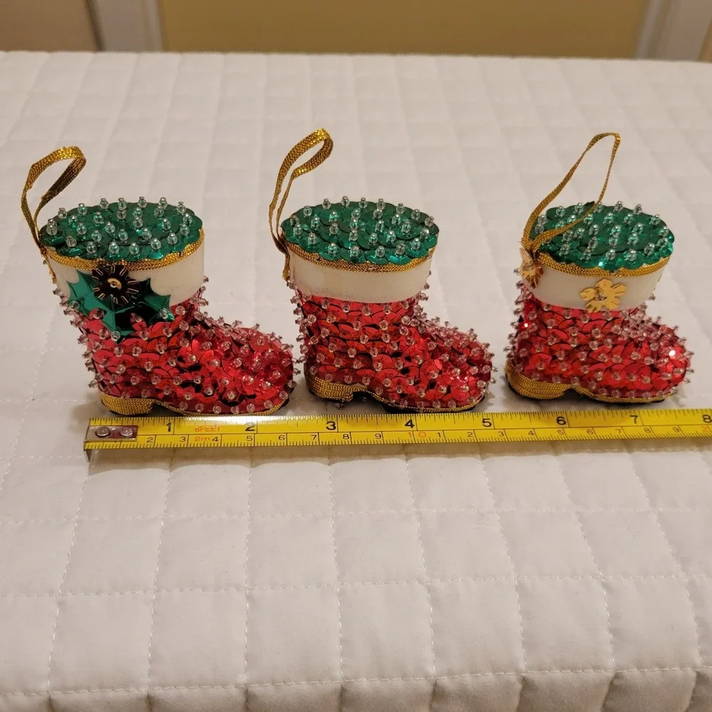 VTG Handmade Sequin Beaded Holly Santa Boot Christmas Tree Ornament Holiday Cute